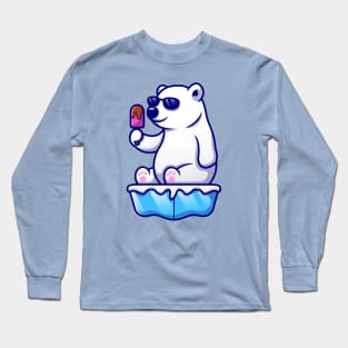 Cute Cool Polar Bear Eating Popsicle On Ice Cartoon Long Sleeve T-Shirt